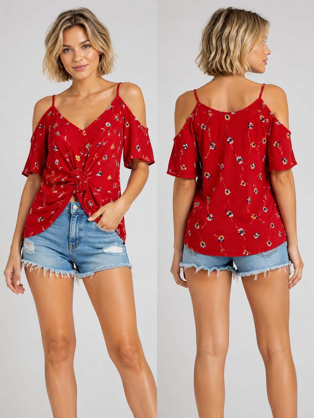 Patrons of Peace Red Floral Cold Shoulder Button-Front Tie-Front Blouse
M98